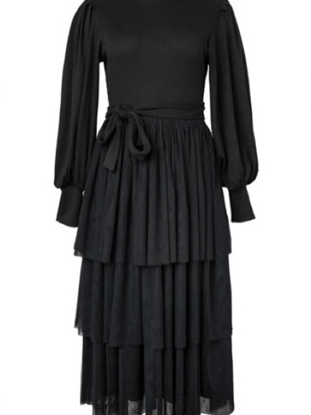 Ivy City Co Black Tiered Midi Dress with Waist Tie